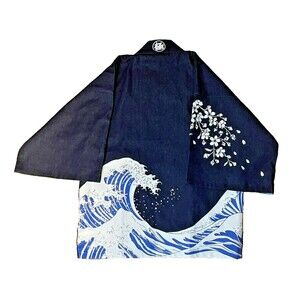 Navy Blue Kimono Jacket with Wave Design